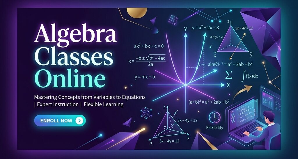 Algebra Classes Online banner displaying mathematical formulas and coordinates