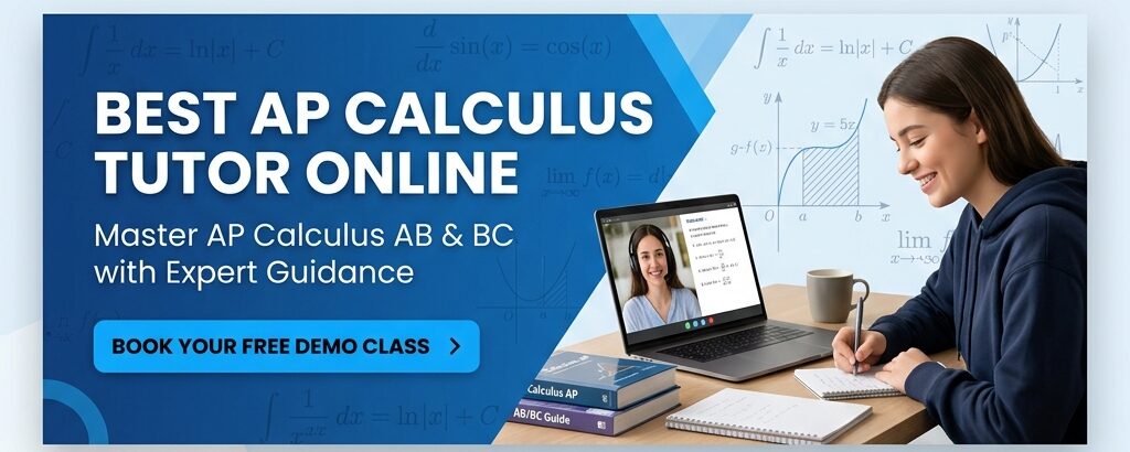 Best AP Calculus Tutor Online banner displaying a student studying math and a laptop showing a tutoring session