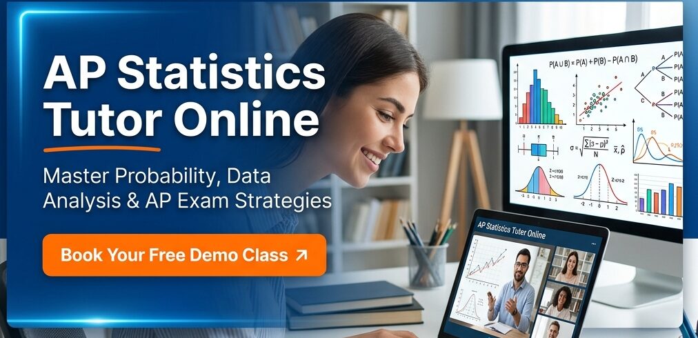 AP Statistics Tutor Online banner showing a student studying statistical charts and formulas