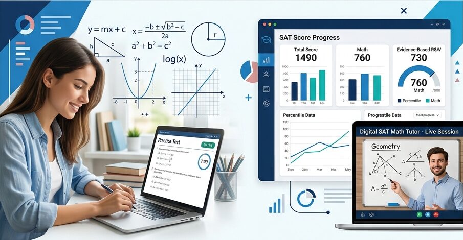Digital SAT Math Tutor Online banner showing a student studying on a laptop displaying equations and score graphs
