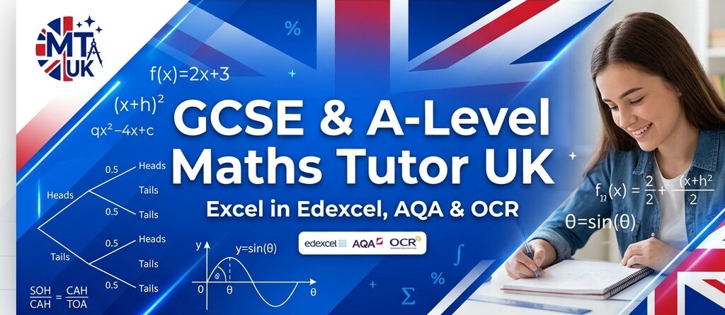 GCSE Maths Tutor UK banner showing algebra formulas, probability trees, and trig functions with UK flag theme