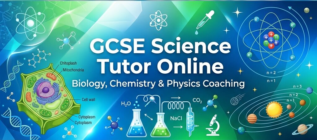 GCSE Science Tutor Online banner showing biology cells, chemistry flasks, and physics orbits