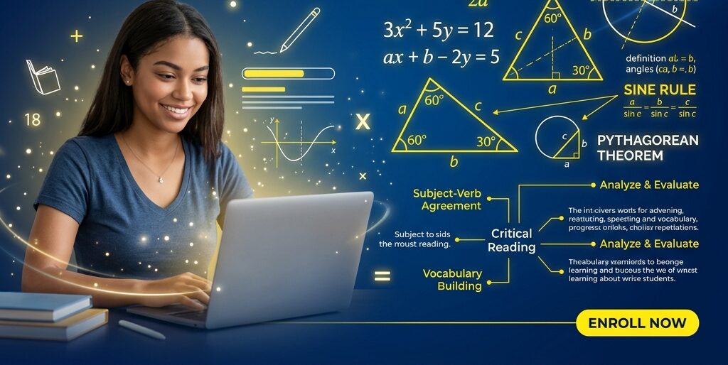 SAT Preparation Online Dubai banner showing digital test interfaces, algebraic graphs, vocabulary sheets, and the Dubai skyline