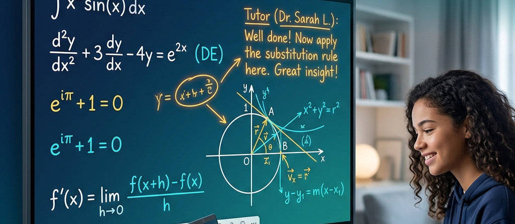 Online A-Level Maths Tutor delivering a live session on pure mathematics calculus.