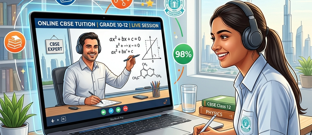 Online tuition for CBSE in UAE showing Grade 10 student solving math and science questions.